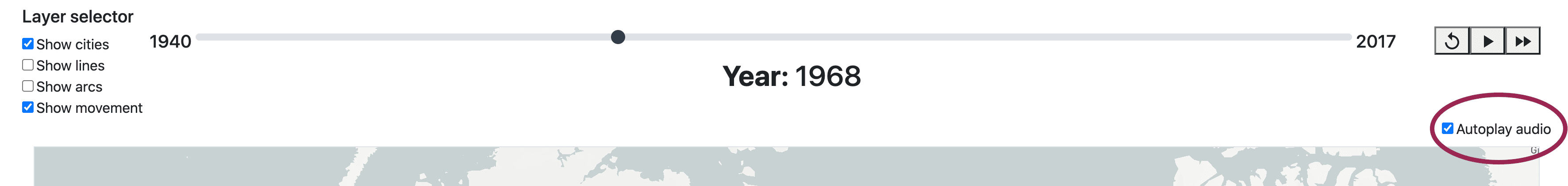 image of the map with range slider with autoplay checkbox selected