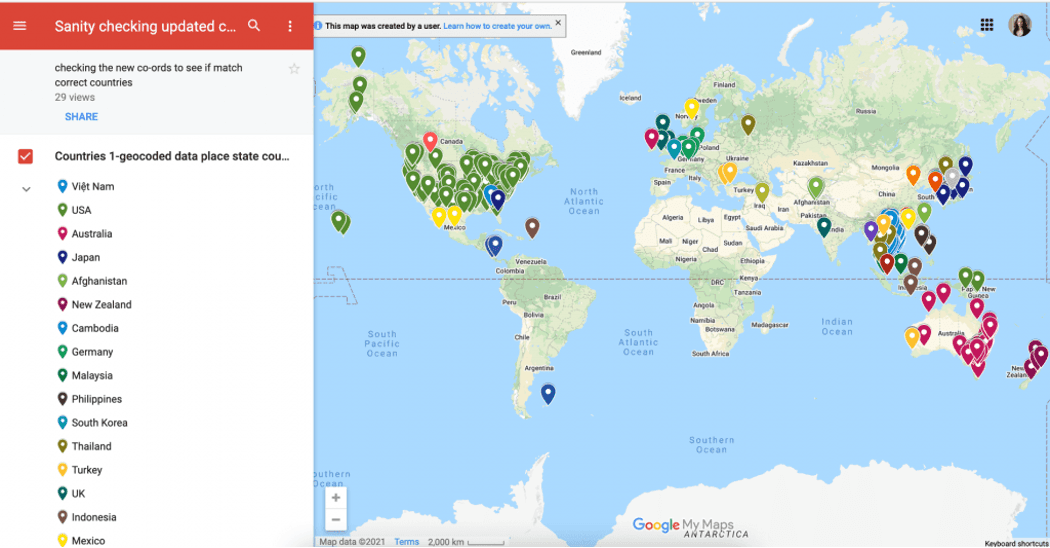 image of sanity check map, showing coloured markers in Google Maps